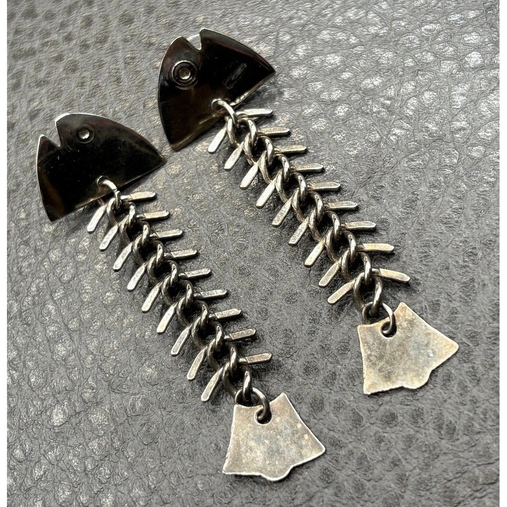 Vintage Fish Skeleton Pierced Earrings Dangle Boho Halloween Silver Tone